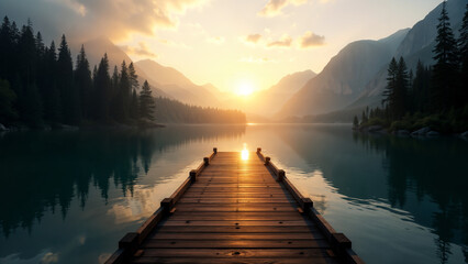 Obraz premium A Tranquil Empty Dock Overlooking a Glimmering Lake at Sunset Surrounded by Majestic Mountains and Trees