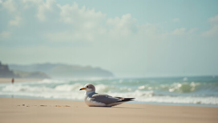 Fototapeta premium A Serene Bird Resting on a Peaceful Beach in the United Kingdom