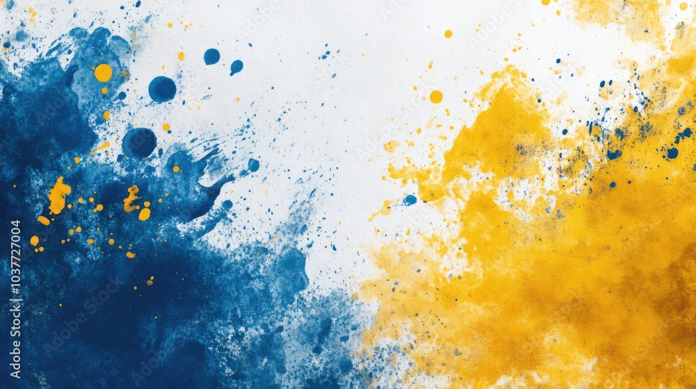 Poster golden yellow and blue ink overflow and splatter create beautiful stains on textured canvas wallpape