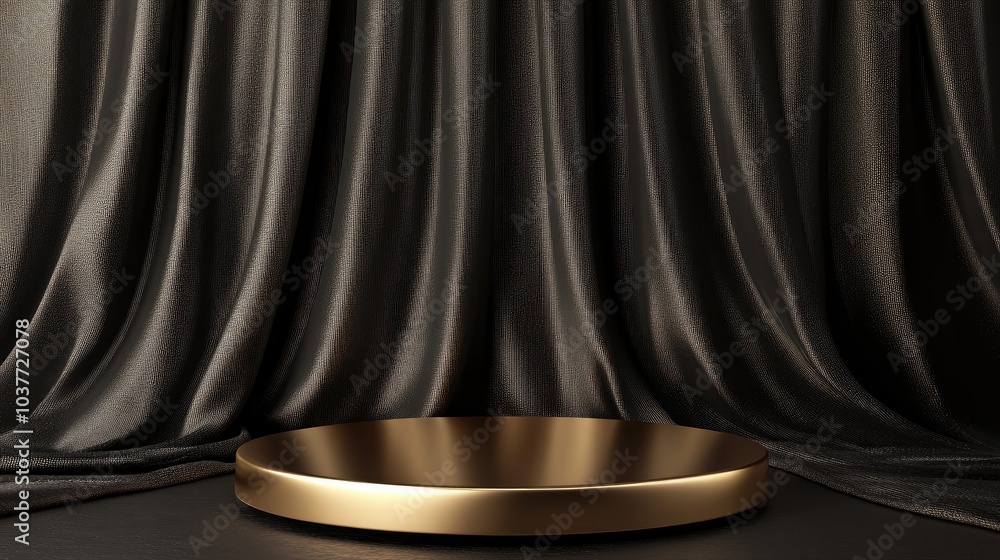 Poster elegant gold podium on a dark curtain background empty golden product display on a black backdrop 3d