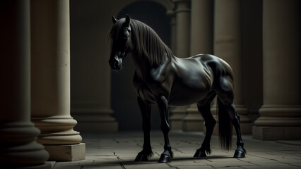 Strength and Elegance: A Black Horse Adorned with Impressive Columns