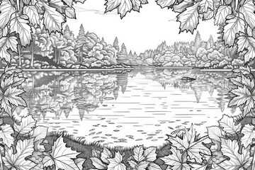 Coloring book illustration of a serene lake view in autumn Autumn landscape featuring vibrant nature Golden leaves reflecting on a tranquil lake Forest scenery showcasing colorful autumn hues Lush 