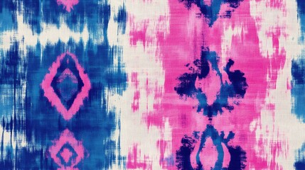 Boho Fabric with Seamless Tie Dye Illustration featuring an Abstract Ethnic Motif Pink and Blue Seamless Texture with Ikat Tribal Pattern