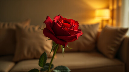 A Cozy Living Room Adorned with a Stunning Rose and Warm Ambiance