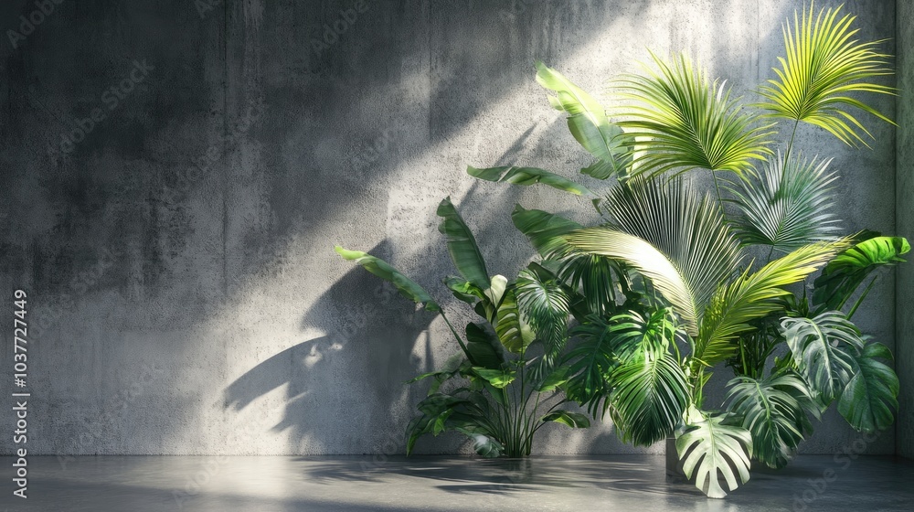 Poster 3d rendering of tropical palm leaves against a rustic empty background with a jungle garden behind a