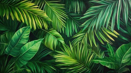Oil painting showcasing a vibrant texture of green leaves creating a lush and tropical atmosphere with a full frame design