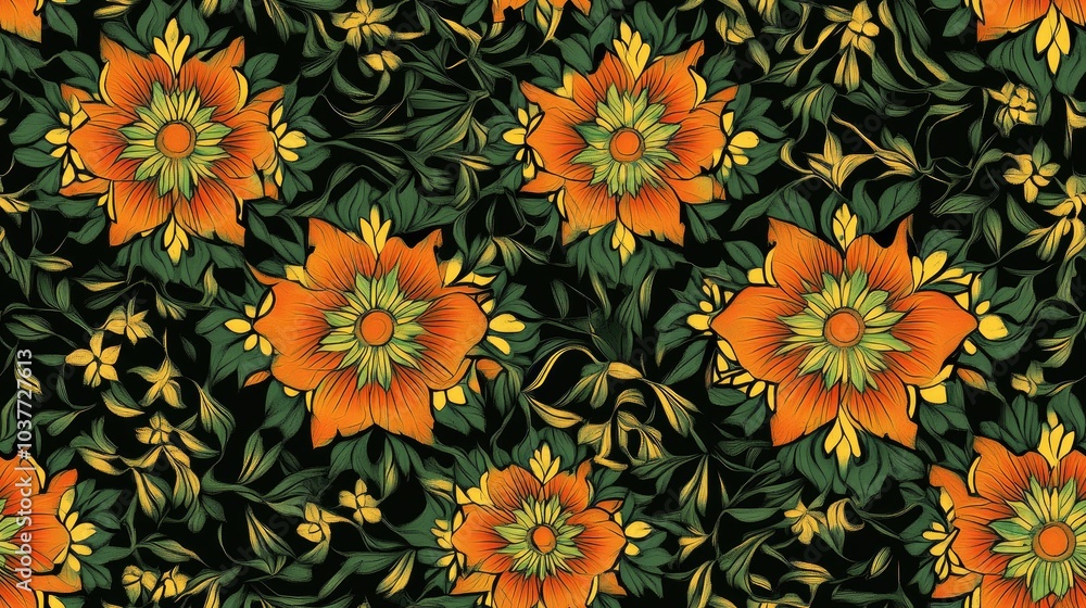 Poster a background image featuring repeated abstract and geometric patterns of flowers and leaves