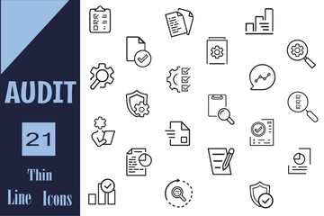 Audit inspection Line Editable Icons set. Vector illustration in thin line modern style of inspection related icons: documentation, auditor, checkmark, inspector, testing, inspection report and more.