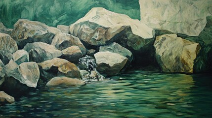 Oil painting depicting geological landscape with rock textures featuring a green background and water elements showcasing natural outdoor scenery