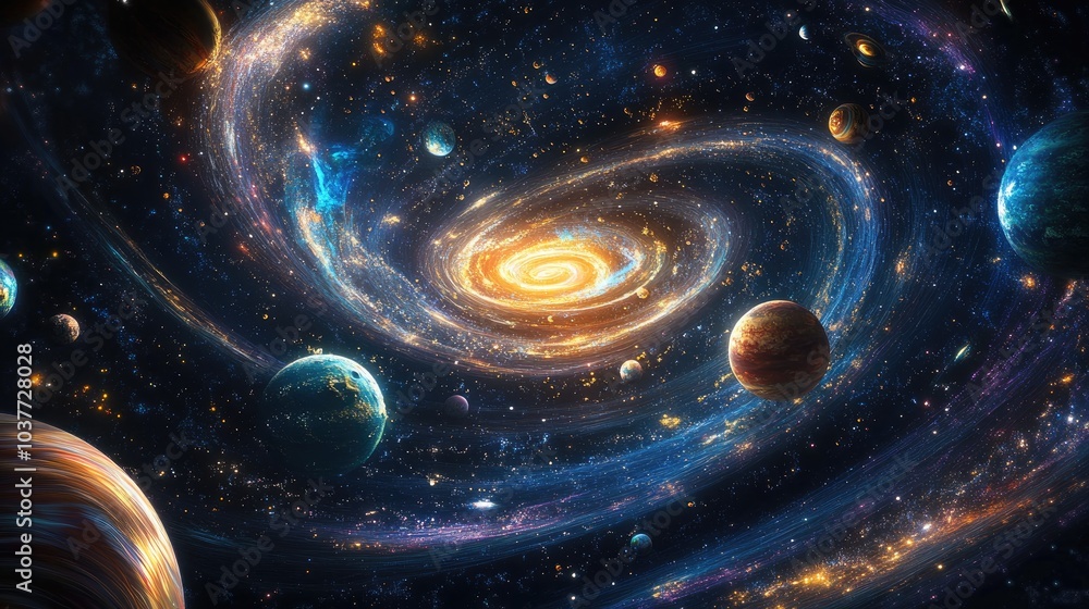 Poster 3d cartoon depiction of a spiral universe cosmos and space against a black background featuring glow