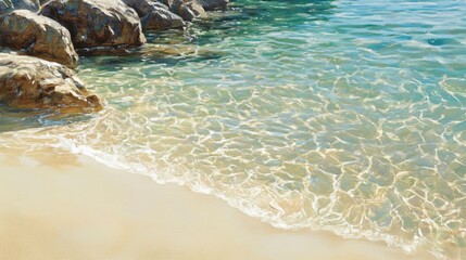 Oil painting depicting a picturesque beach scene with clear waters and soft sand showcasing natural beauty and tranquility