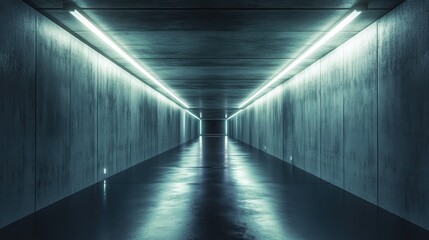 Futuristic modern sci fi concrete corridor in an underground setting featuring dark grunge elements and reflective surfaces with glowing accents ideal for a spaceship themed 3D rendering