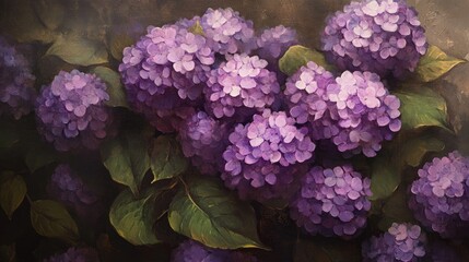 Oil painting depicting blooming purple hydrangea flowers