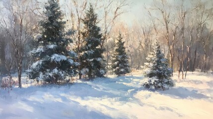 Oil painting of trees blanketed in snow during winter