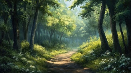 Obraz premium Oil painting depicting a stroll through a forest capturing the essence of nature and the tranquility of the woods