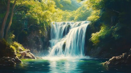 Obraz premium Oil painting of a panoramic and enchanting waterfall amidst a lush deep forest
