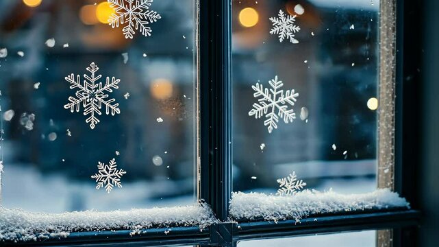 Snowflakes decorate the windowpane of a cozy home on a snowy winter day