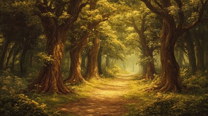 Obraz premium Oil painting depicting a stroll through a forest capturing the essence of nature and the tranquility of the woods