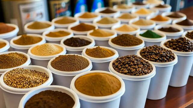 A row of white cups filled with different types of coffee beans and ground coffee sits on a wooden counter