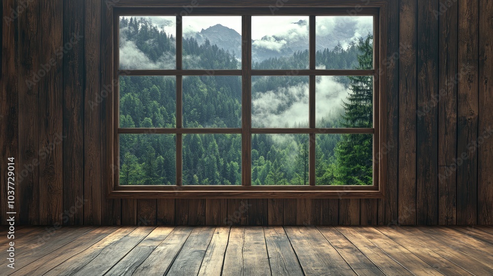 Aufkleber 3d rendering of a wooden wall featuring a window overlooking a forest with clouds