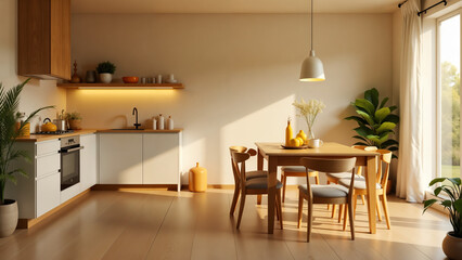 A Corner of Comfort: A Simple Kitchen and Dining Room Radiating Warmth and Inviting Colors for Cozy Family Gatherings