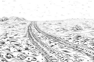 Fototapeta premium Coloring book illustration of vehicle tracks in sandy terrain