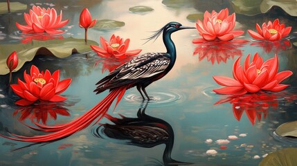 Naklejka premium Oil painting of a stunning bird with a long tail in a serene lake filled with vibrant red lotus flowers