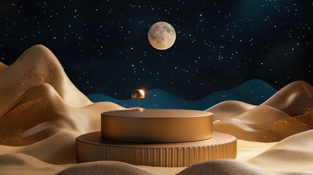 Gold and brown podium in a landscape with moon stars and a lamp 3D rendering of a blank mockup