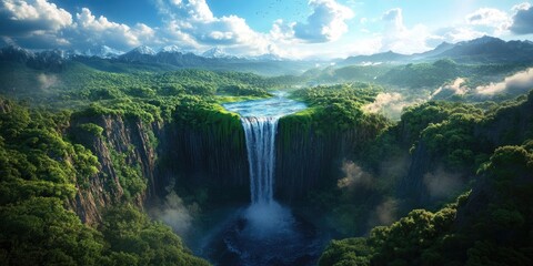 Fototapeta premium A vast landscape featuring a river and a stunning waterfall during summer, perfect for tourism and recreation activities