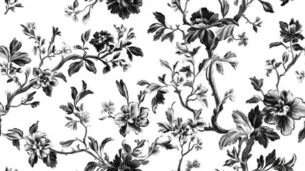 Chinoiserie inspired vintage floral illustration featuring a black and white oriental botanical seamless pattern