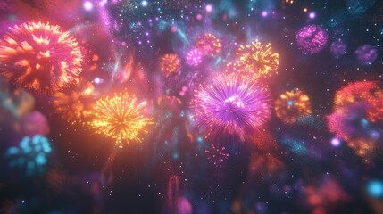 Fototapeta premium 3D cartoon rendering featuring vibrant colorful fireworks in a cosmic background showcasing the beauty of the universe with abstract elements like galaxies stars and neon glow under ultraviolet an
