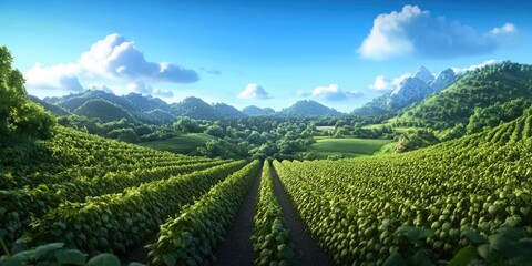 Naklejka premium Panoramic view of lush vineyards in a picturesque landscape, Panoramic view of vibrant vineyards in a scenic landscape