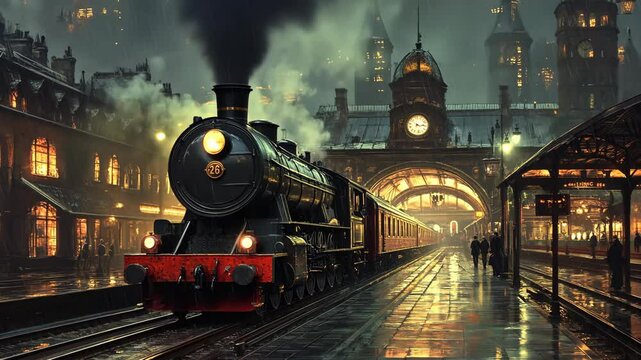 A steam engine train pulls into a train station at night, under a gentle rain