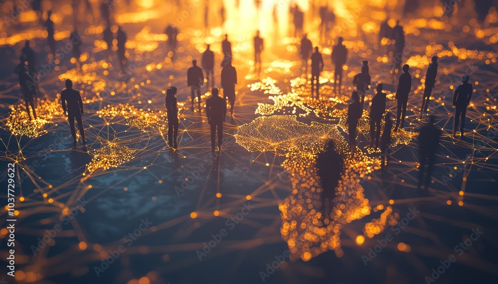 Poster glowing lines connect figures across a world map, representing the global unity and interconnectivit
