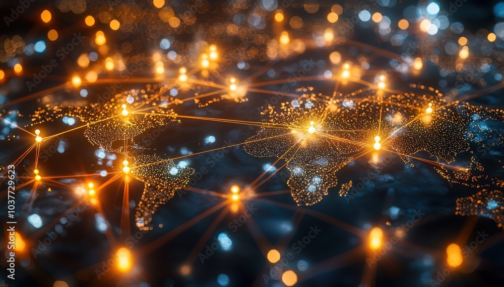 Poster glowing lines connect figures across a world map, representing the global unity and interconnectivit