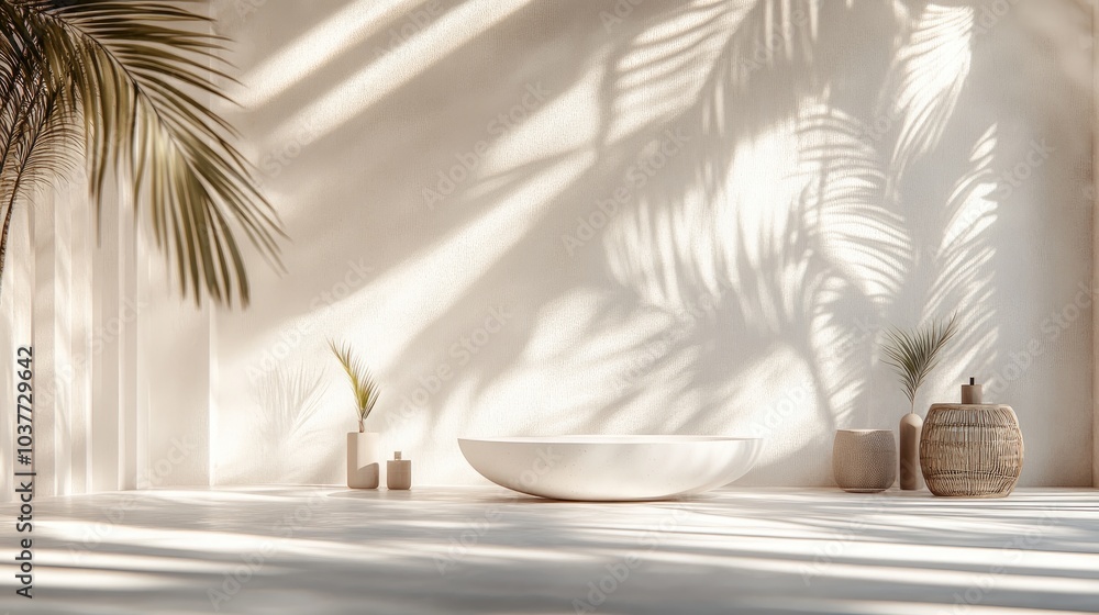 Poster luxury summer architectural interior with an abstract white studio backdrop featuring natural leaf s
