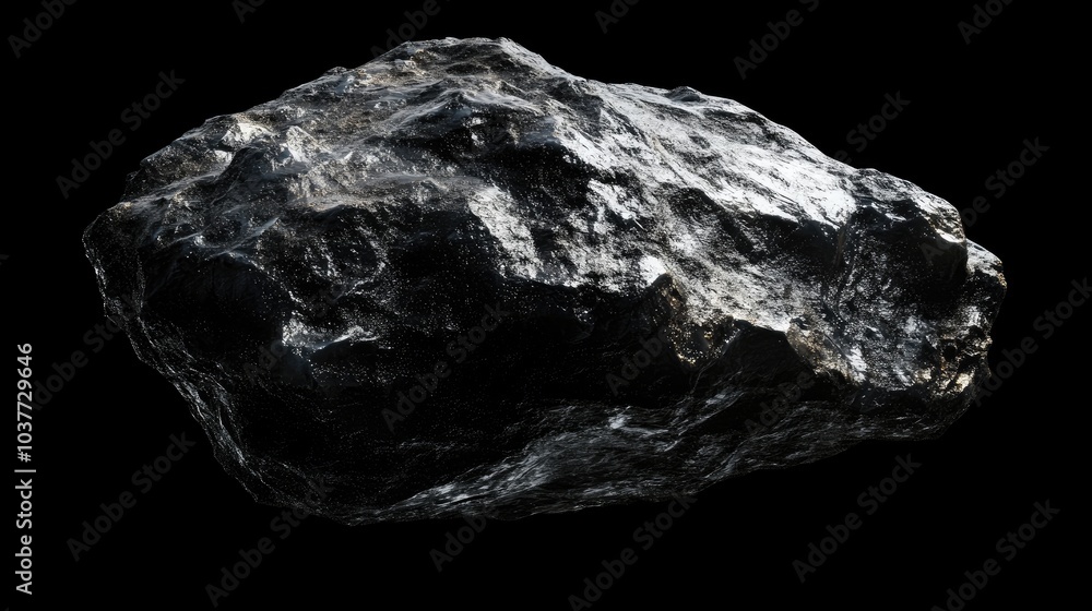 Poster 3d cartoon rendering depicting a large metallic asteroid suitable for space mining
