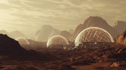 A robotic space colony on Mars, self-sustaining with automated habitats and terraforming technologies, Martian colonization style