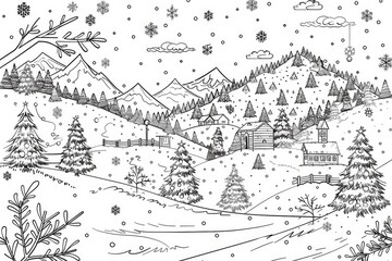 Fototapeta premium Coloring book illustration of winter scenery and activities