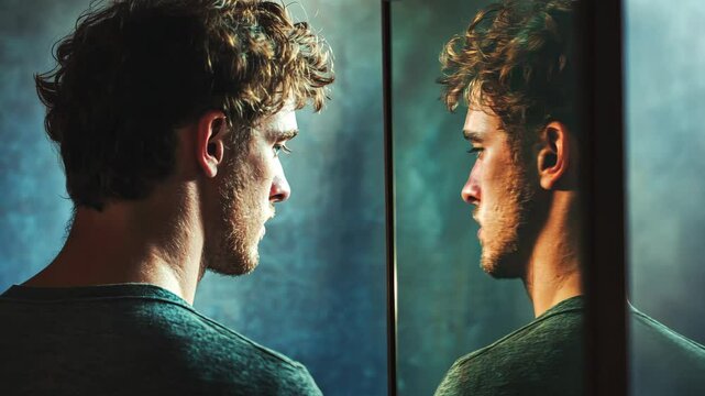 A young man with curly brown hair stares intently into a mirror, his reflection mirroring his thoughtful expression