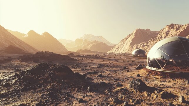 A robotic space colony on Mars, self-sustaining with automated habitats and terraforming technologies, Martian colonization style