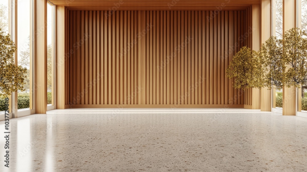 Poster 3d rendering of a mock up interior concept featuring an empty room with wooden decorative walls and 