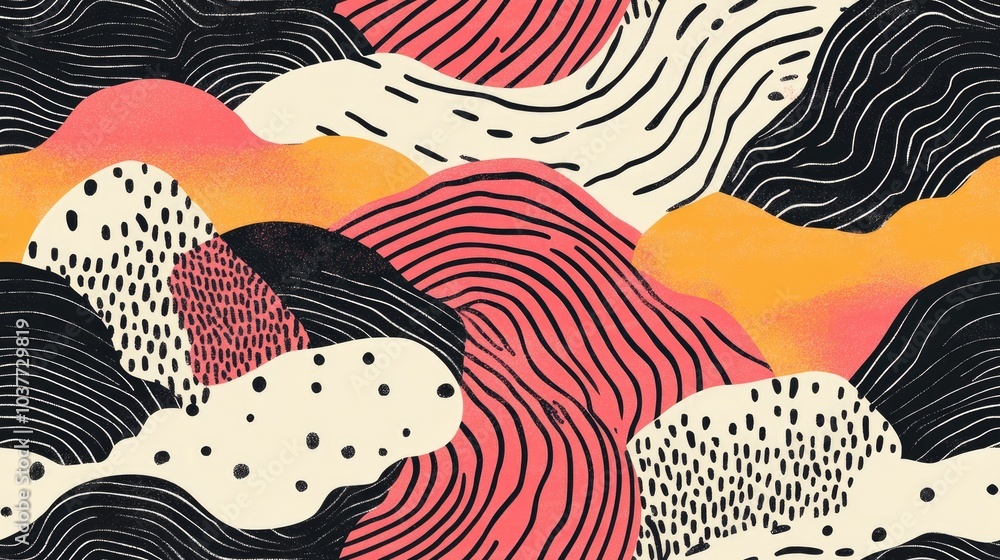 Poster seamless circular pattern featuring stripes spots and waves with available copy space hand drawn des
