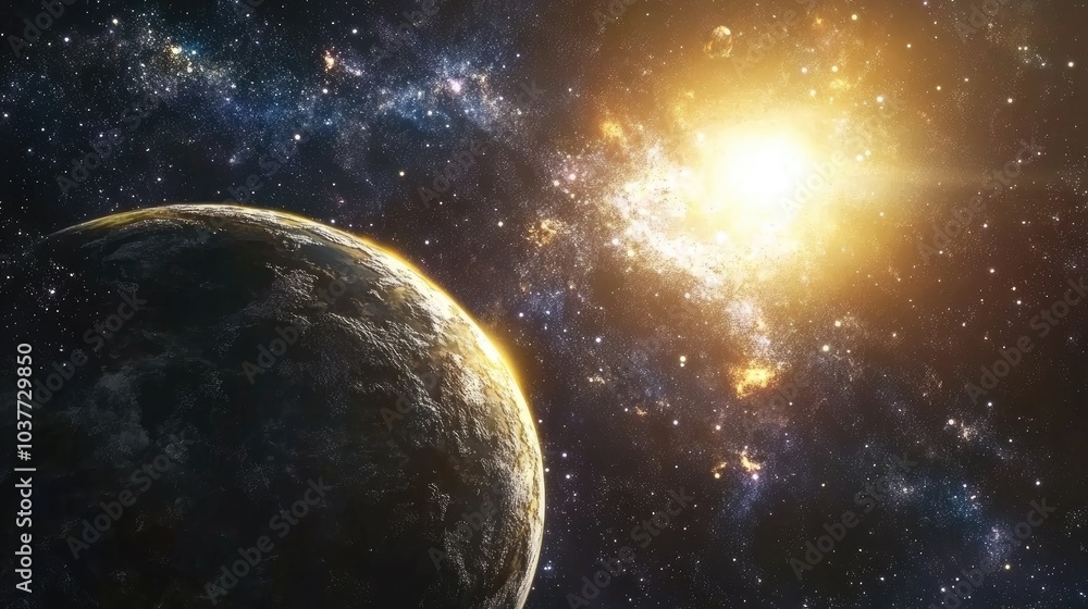 Poster cartoon rendering in 3d of stars within a galaxy and planet in open space