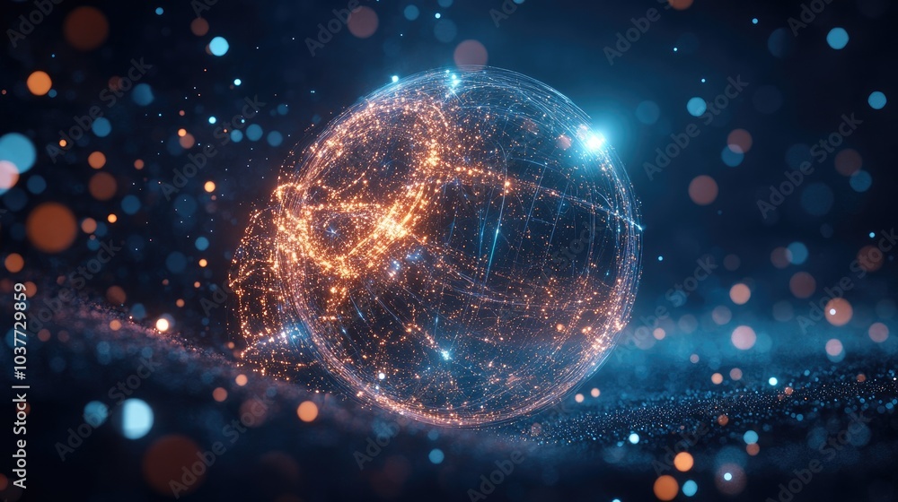 Poster illuminated 3d particle sphere in space representing abstract concepts of technology science enginee