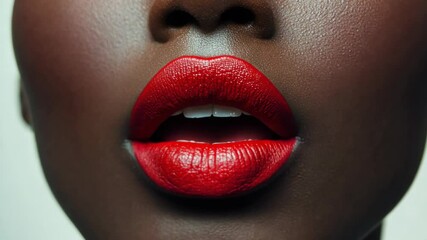 A close-up of a woman's lips with bold red lipstick, showing off a confident and alluring smile