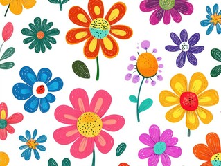 Playful pattern cartoon flowers with bright, cheerful colors