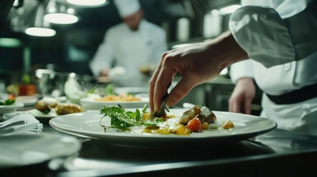 Chef plating a dish in a restaurant kitchen