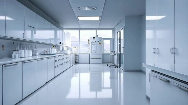 A sterile, white laboratory with stainless steel cabinets and a large window overlooking the city