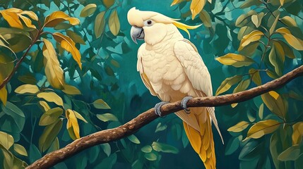 Oil painting of a Sulphur crested Cockatoo perched on a vibrant green tree branch featuring a striking big white and yellow parrot against a lush natural backdrop